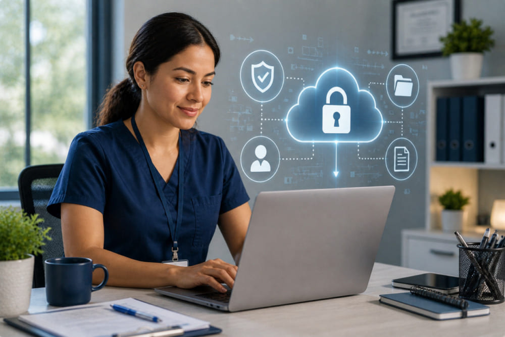 Healthcare professional using HIPAA-compliant cloud storage to securely manage patient data in 2026