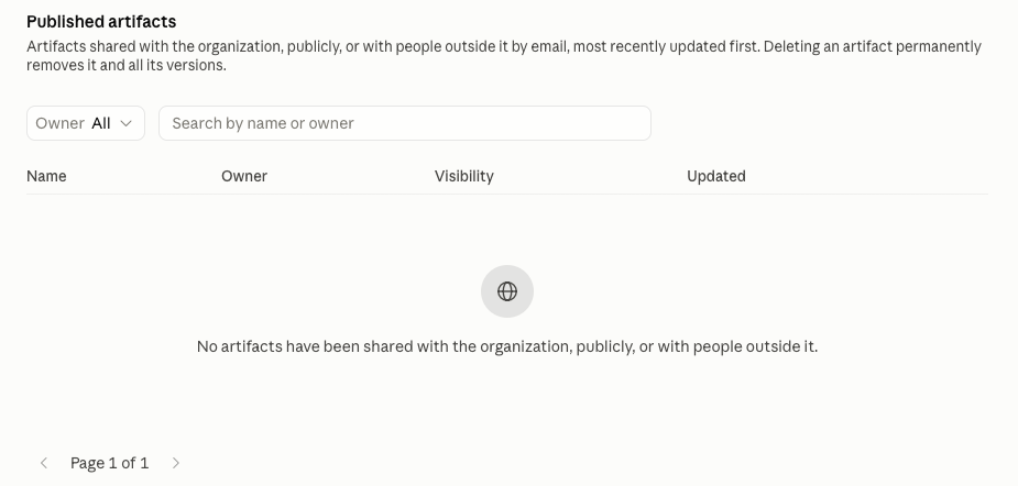 Claude admin console screenshot: Published Artifacts Review at Organization settings > Artifacts > Published artifacts