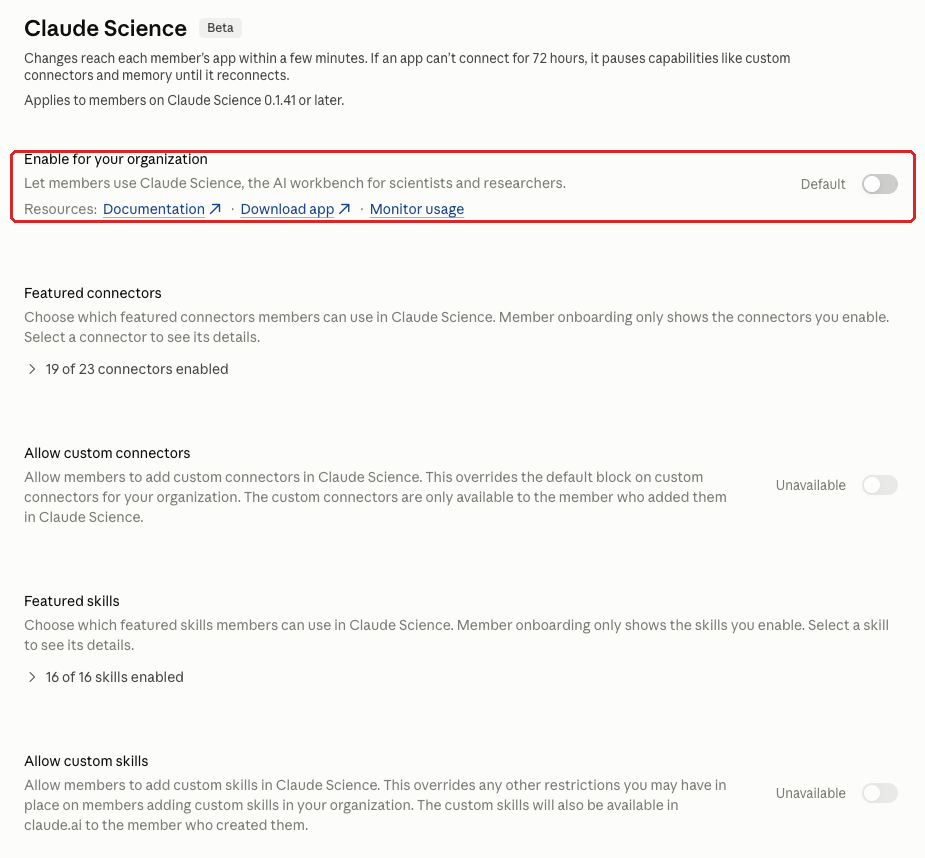 Claude admin console screenshot: Beta Products (Design, Science, Academy) at Organization settings > Claude Design or Claude Science > Enable for your organization; Organization settings > Claude Academy > Claude in Academy (Beta)