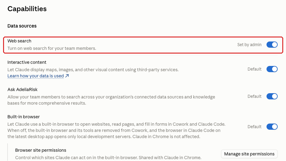 Claude admin console screenshot: Web Search at Organization settings > Capabilities > Data sources > Web search