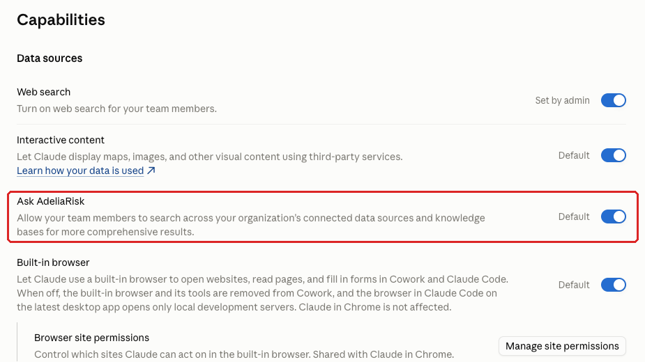 Claude admin console screenshot: Ask Your Organization (Connected Search) at Organization settings > Capabilities > Data sources > Ask [your organization name]