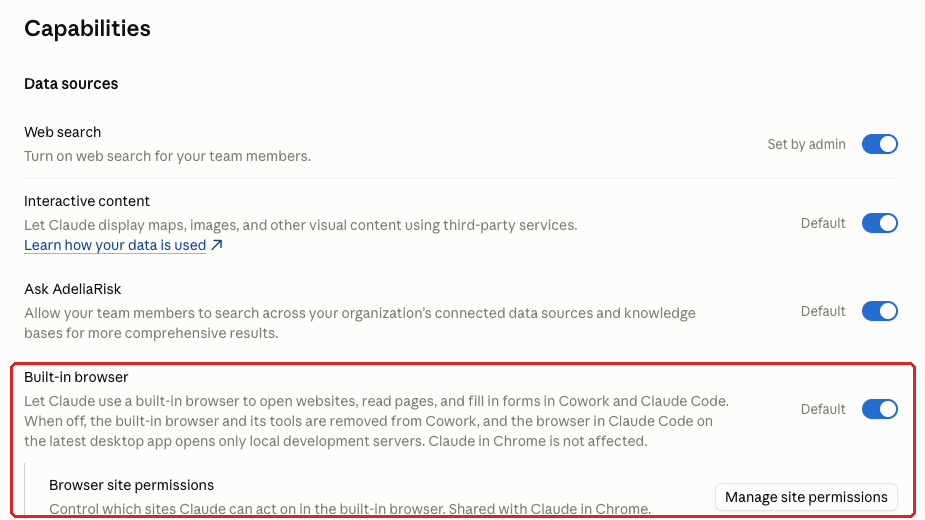 Claude admin console screenshot: Built-In Browser Site Permissions at Organization settings > Capabilities > Data sources > Built-in browser > Manage site permissions