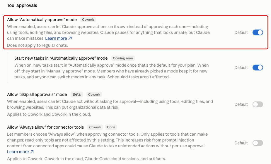 Claude admin console screenshot: Automatically Approve Mode for Cowork at Organization settings > Capabilities > Tool approvals > Allow "Automatically approve" mode