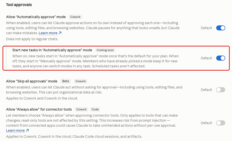 Claude admin console screenshot: Start New Tasks in Automatically Approve Mode at Organization settings > Capabilities > Tool approvals > Start new tasks in "Automatically approve" mode