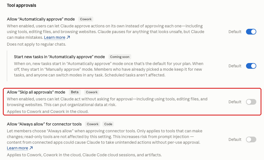 Claude admin console screenshot: Skip All Approvals Mode at Organization settings > Capabilities > Tool approvals > Allow "Skip all approvals" mode
