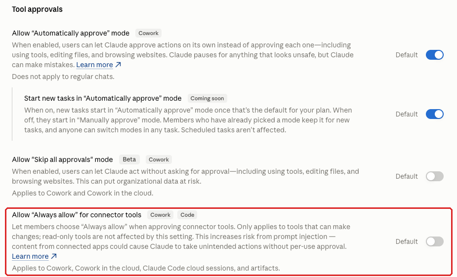 Claude admin console screenshot: Always Allow for Connector Tools at Organization settings > Capabilities > Tool approvals > Allow "Always allow" for connector tools