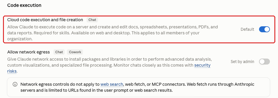 Claude admin console screenshot: Cloud Code Execution and File Creation at Organization settings > Capabilities > Code execution > Cloud code execution and file creation (Chat)