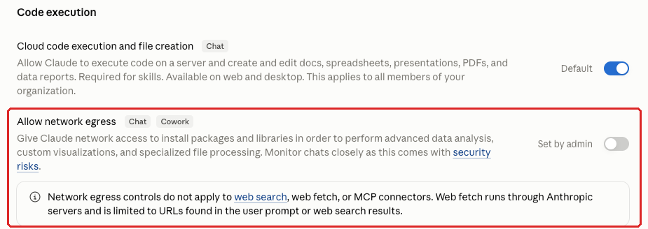 Claude admin console screenshot: Network Egress for Code Execution at Organization settings > Capabilities > Code execution > Allow network egress