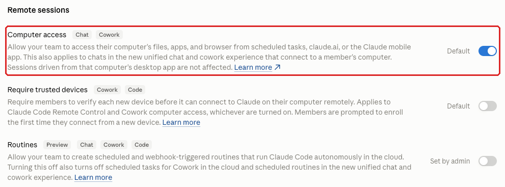 Claude admin console screenshot: Computer Access for Cowork at Organization settings > Capabilities > Remote sessions > Computer access