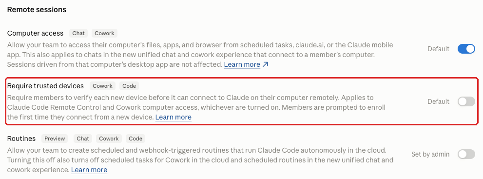 Claude admin console screenshot: Require Trusted Devices at Organization settings > Capabilities > Remote sessions > Require trusted devices