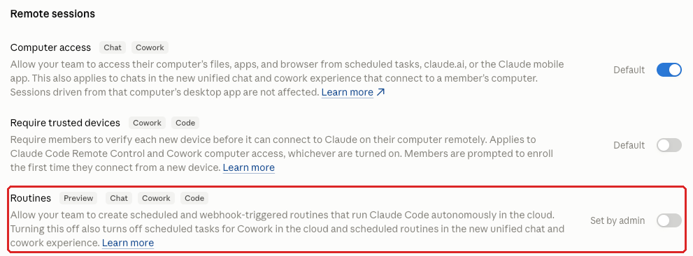 Claude admin console screenshot: Routines at Organization settings > Capabilities > Remote sessions > Routines (Preview)