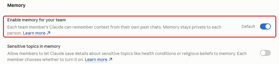 Claude admin console screenshot: Memory at Organization settings > Capabilities > Memory > Enable memory for your team
