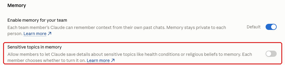 Claude admin console screenshot: Sensitive Topics in Memory at Organization settings > Capabilities > Memory > Sensitive topics in memory