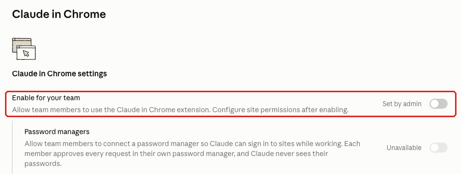 Claude admin console screenshot: Claude in Chrome at Organization settings > Claude in Chrome > Enable for your team