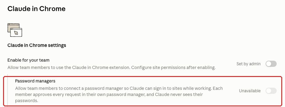 Claude admin console screenshot: Chrome Site Permissions and Password Managers at Organization settings > Claude in Chrome > Browser site permissions / Password managers