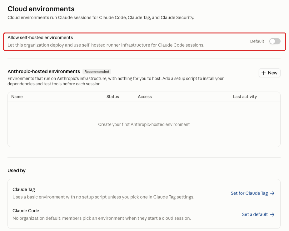 Claude admin console screenshot: Self-Hosted Environments at Organization settings > Cloud environments > Allow self-hosted environments