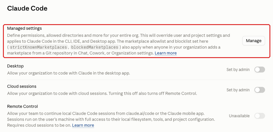 Claude admin console screenshot: Claude Code Managed Settings Baseline at Organization settings > Claude Code > Managed settings > Manage (Owner or Primary Owner)