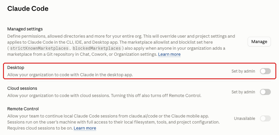 Claude admin console screenshot: Claude Code in the Desktop App at Organization settings > Claude Code > Desktop