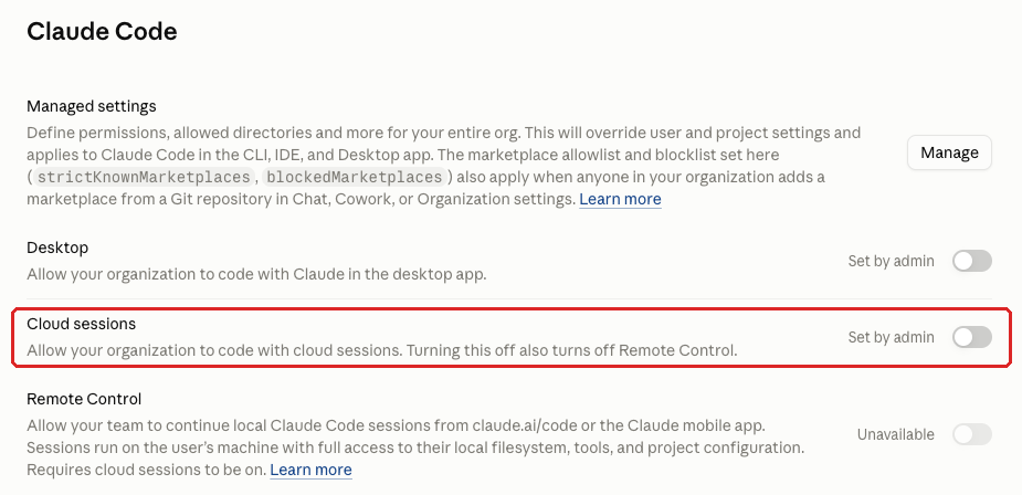 Claude admin console screenshot: Claude Code Cloud Sessions at Organization settings > Claude Code > Cloud sessions