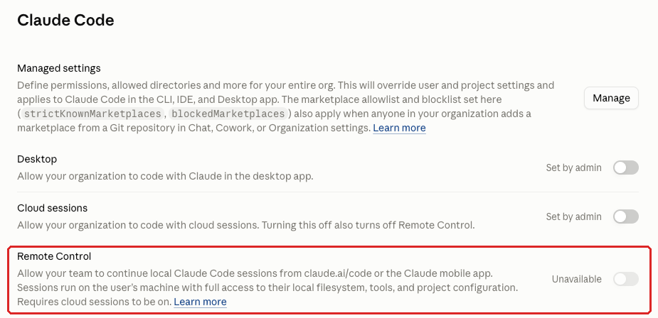 Claude admin console screenshot: Remote Control for Claude Code at Organization settings > Claude Code > Remote Control