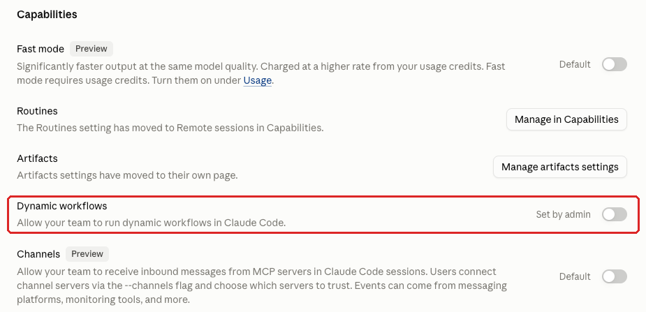 Claude admin console screenshot: Dynamic Workflows at Organization settings > Claude Code > Capabilities > Dynamic workflows