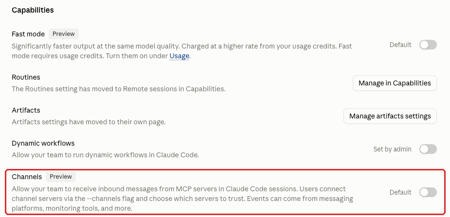 Claude admin console screenshot: Channels at Organization settings > Claude Code > Capabilities > Channels (Preview)