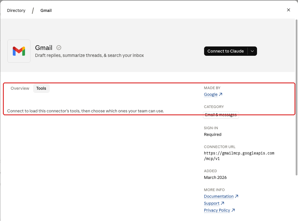Claude admin console screenshot: Connector Tool Permissions at Organization settings > Connectors > (connector) row menu > See details > Tools tab