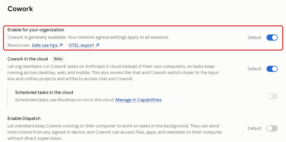 Claude admin console screenshot: Cowork at Organization settings > Cowork > Enable for your organization