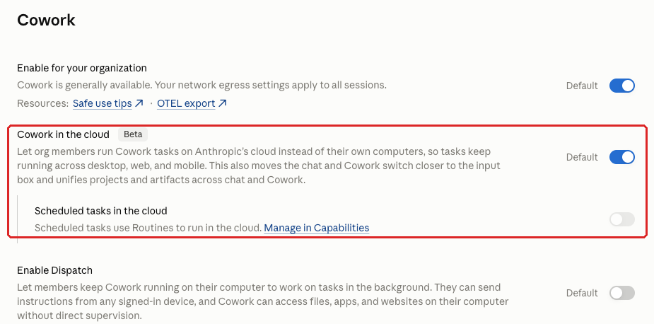 Claude admin console screenshot: Cowork in the Cloud at Organization settings > Cowork > Cowork in the cloud (Beta)
