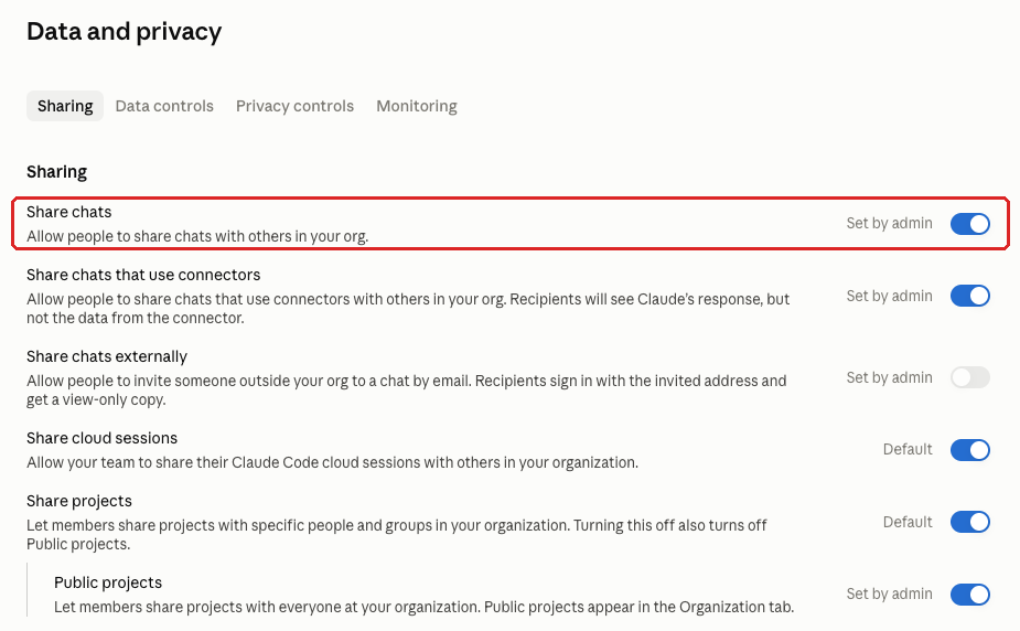 Claude admin console screenshot: Chat Sharing Decision at Organization settings > Data and privacy > Sharing > Share chats