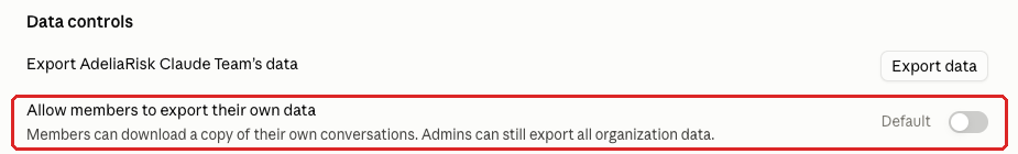 Claude admin console screenshot: Member Self-Export at Organization settings > Data and privacy > Data controls > Allow members to export their own data