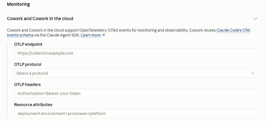 Claude admin console screenshot: Cowork OpenTelemetry Monitoring at Organization settings > Data and privacy > Monitoring > Cowork, Cowork in the cloud, and unified chat and Cowork