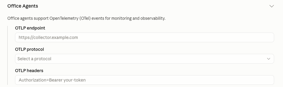 Claude admin console screenshot: Office Agents OpenTelemetry Monitoring at Organization settings > Data and privacy > Monitoring > Office Agents