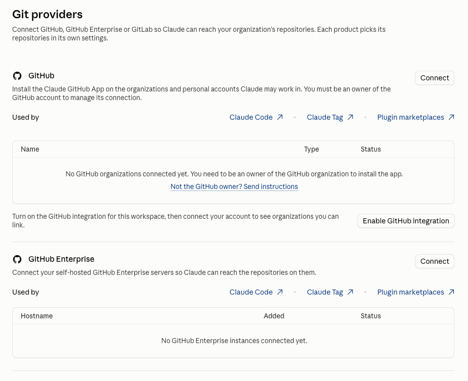 Claude admin console screenshot: Git Provider Connections and Code Review Scope at Organization settings > Git providers, and Organization settings > Claude Code > Code review