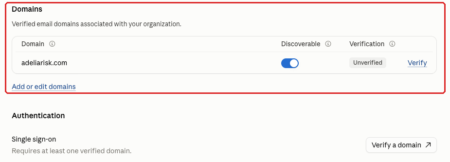 Claude admin console screenshot: Verified Domains at Organization settings > Organization and access > Domains