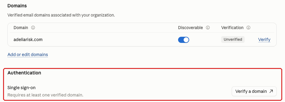 Claude admin console screenshot: Single Sign-On Enforcement at Organization settings > Organization and access > Authentication > Single sign-on