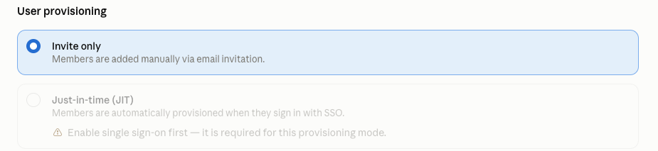 Claude admin console screenshot: Just-in-Time Provisioning Scope at Organization settings > Organization and access > User provisioning