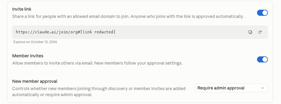 Claude admin console screenshot: Invite Link and New Member Approval at Organization settings > Organization and access > Invite link / Member invites / New member approval (shown when User provisioning is Invite only)