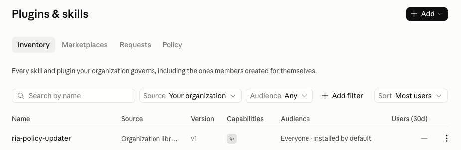 Claude admin console screenshot: Plugin Inventory and Marketplaces at Organization settings > Plugins & skills > Inventory / Marketplaces / Requests